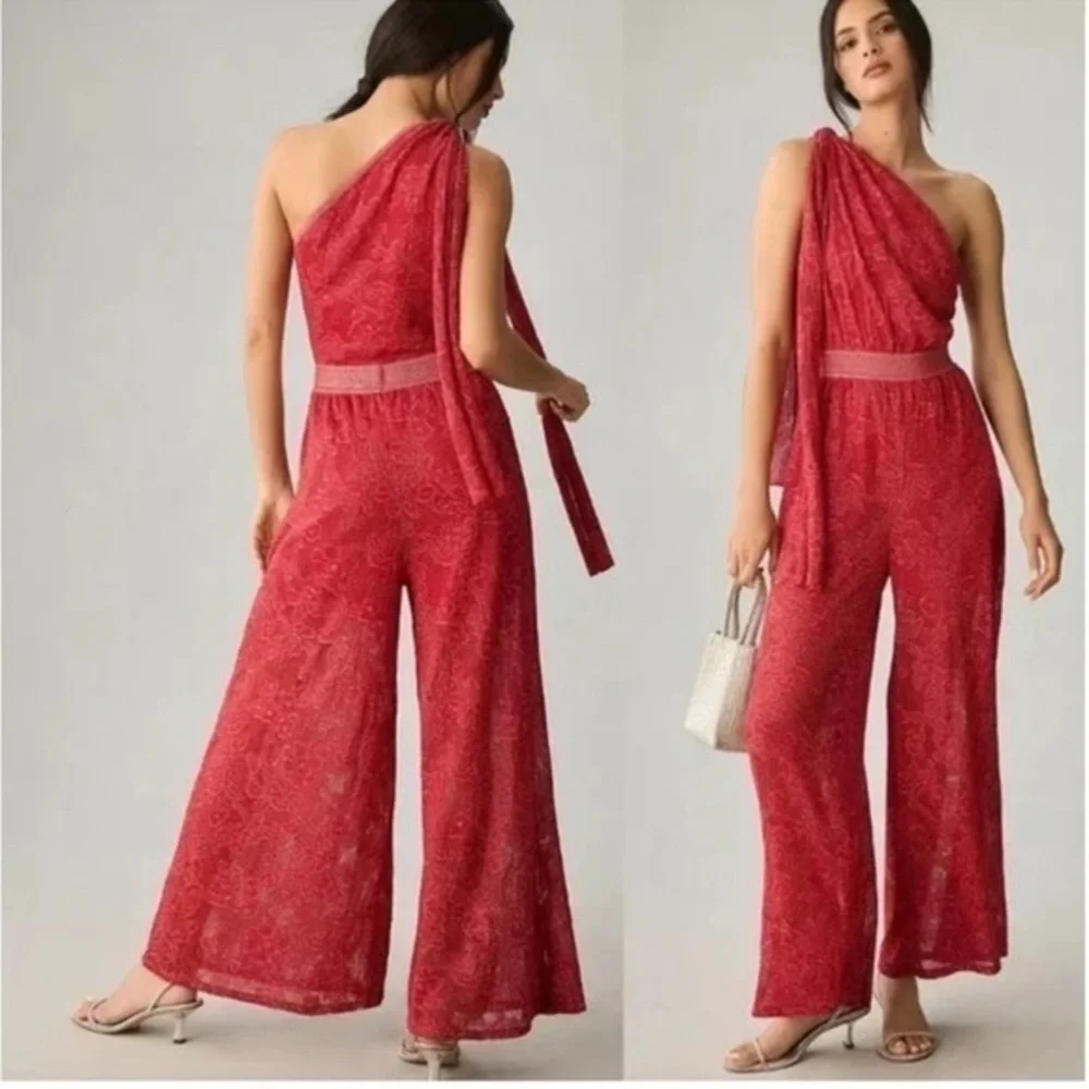 Anthropologie Cecilia Prado Jumpsuit Draped One Shoulder in Red Metallic